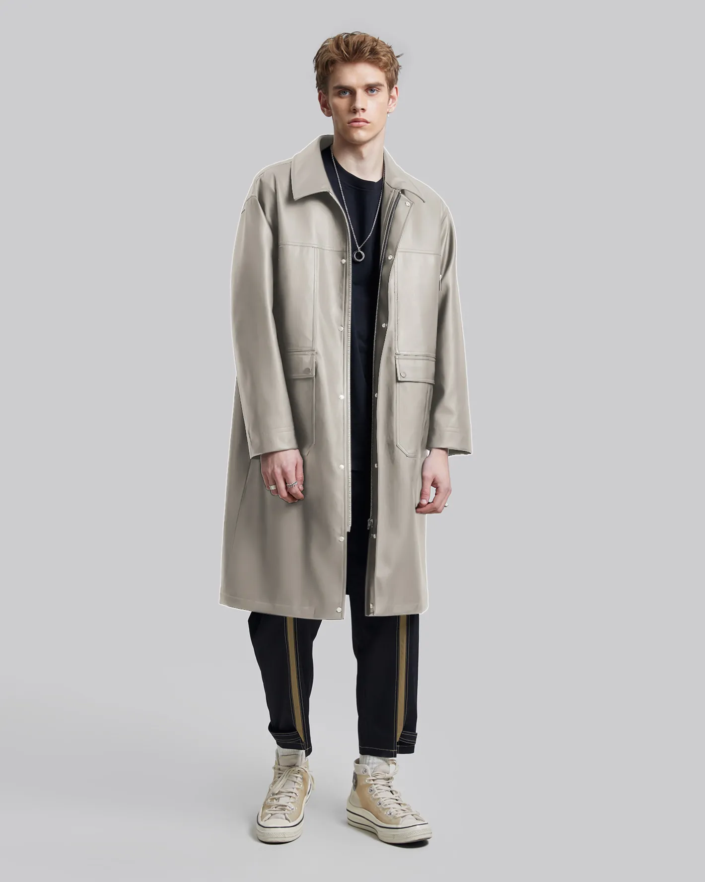 Outlet Multi-Pocket Leather-Like Long Coat Man Coat