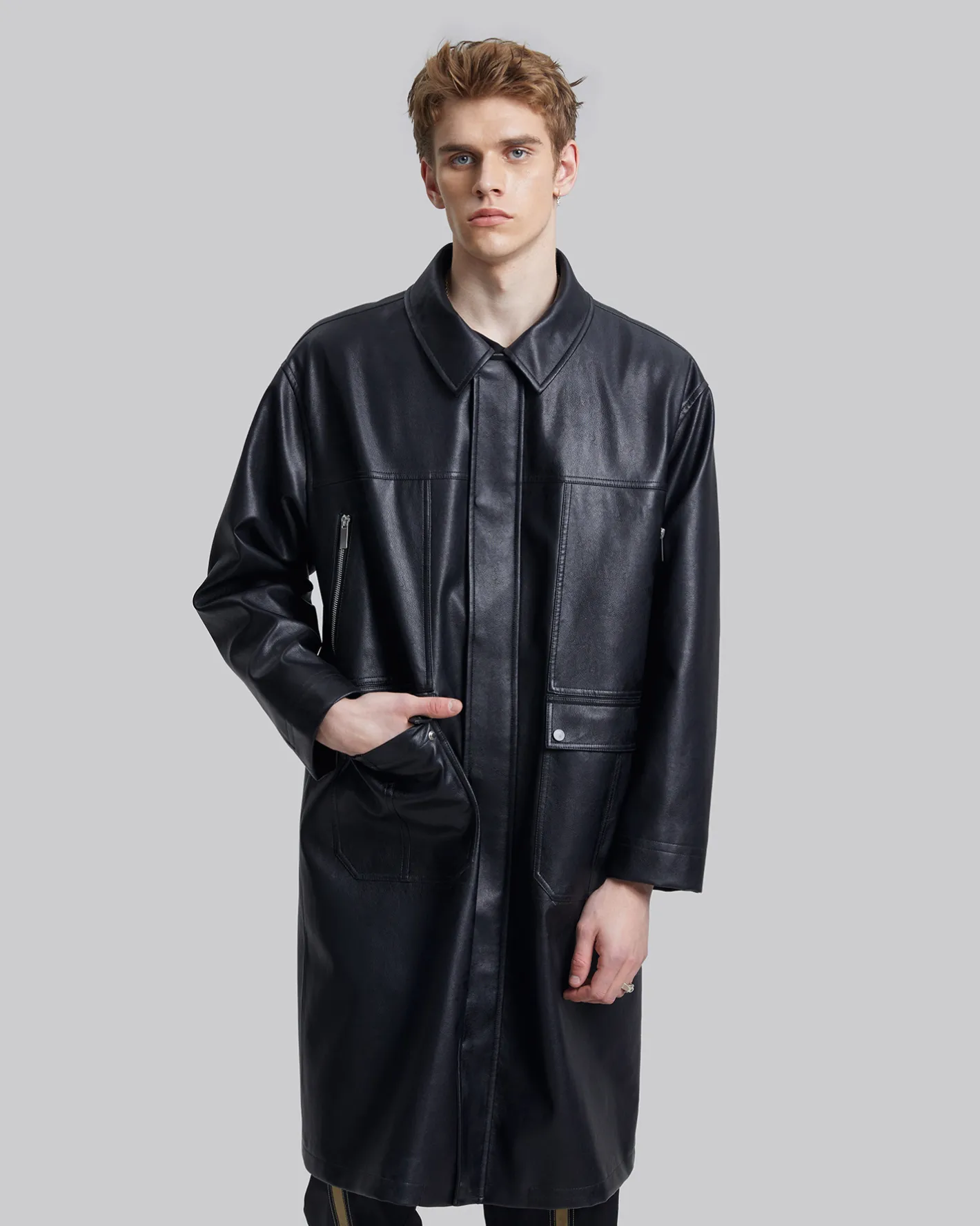 Cheap Multi-Pocket Leather-Like Long Coat Man Coat