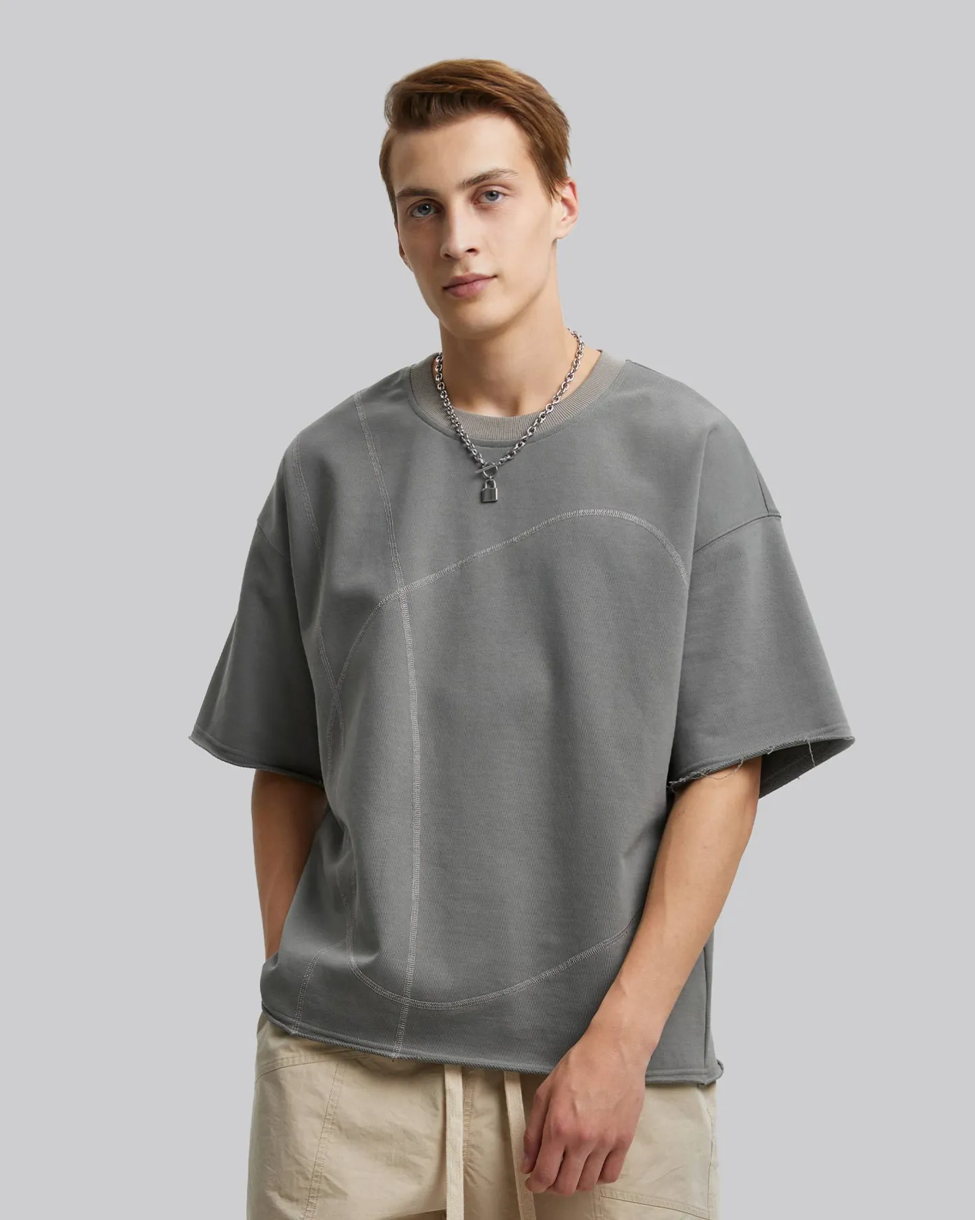 Best Sale Stitch-Patterned Raw-Edge Tee Man Standard