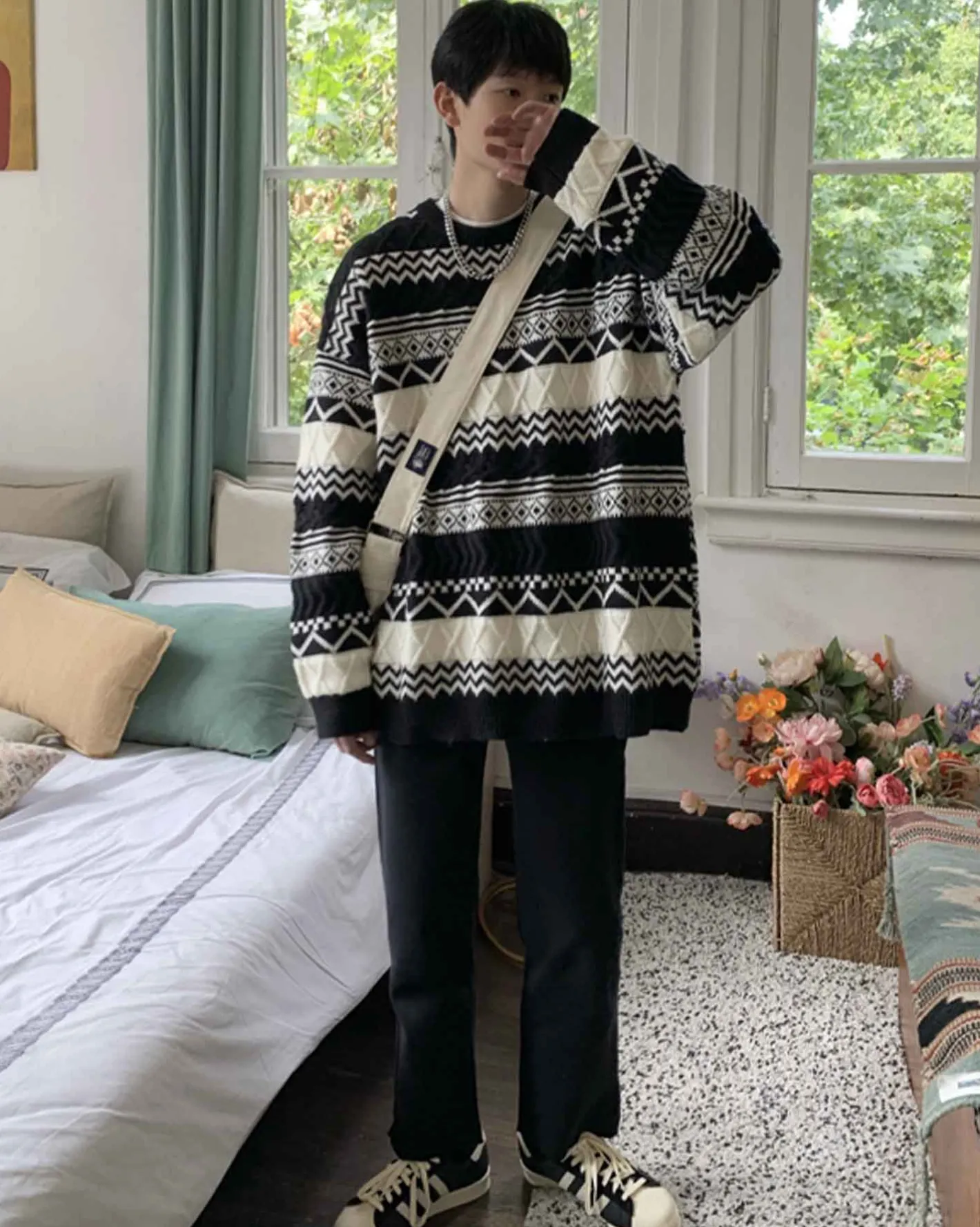 Cheap Vintage Loose-Cut Crew Jumper Man Standard