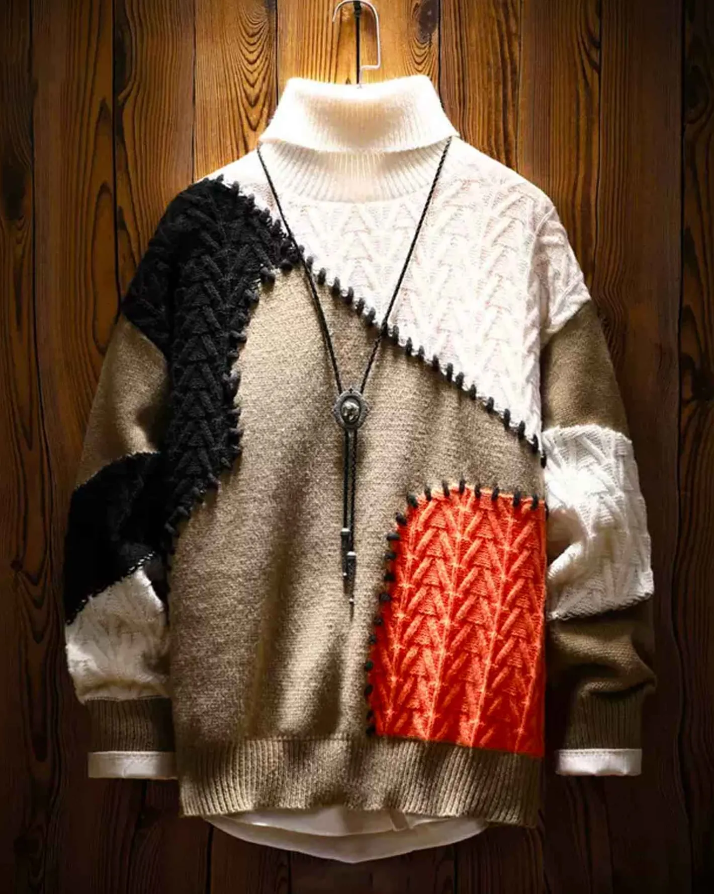 Best Sale Vintage Patchwork Knit Jumper Man Thicker